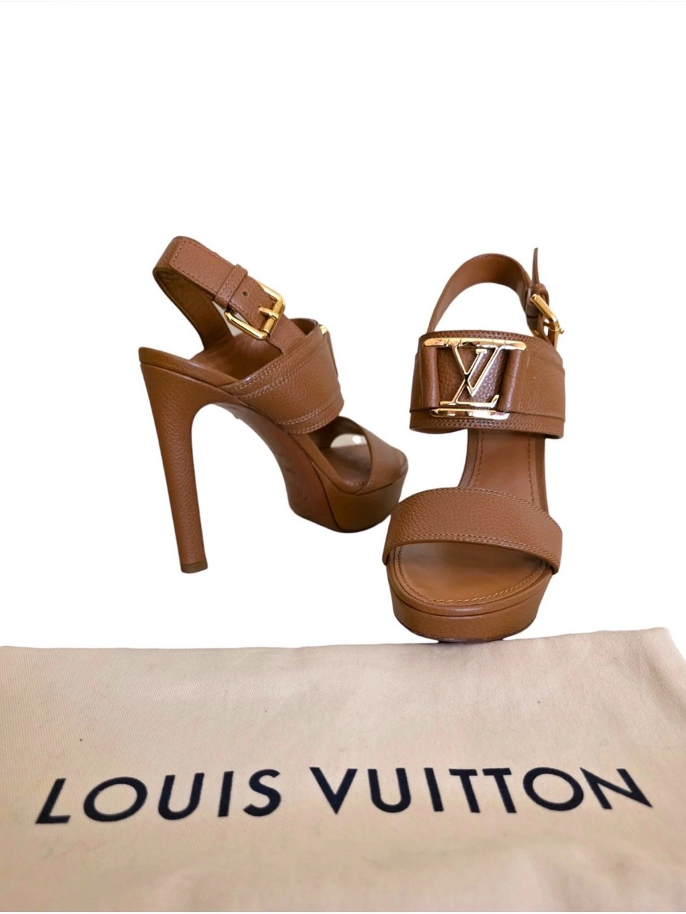 Louis Vuitton Tan Leather Platform High Heel Sandals with Gold Hardware